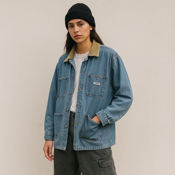 Vtg Relay Oversized Denim Jacket Size L Workwear Y2K Corduroy Collar Carpenter - Picture 1 of 15